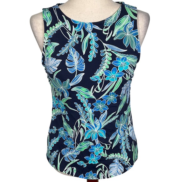 Lands End Swim Top Women 6 Blue Green Floral Tankini Shelf Bra Athletic Tropical - Picture 1 of 10